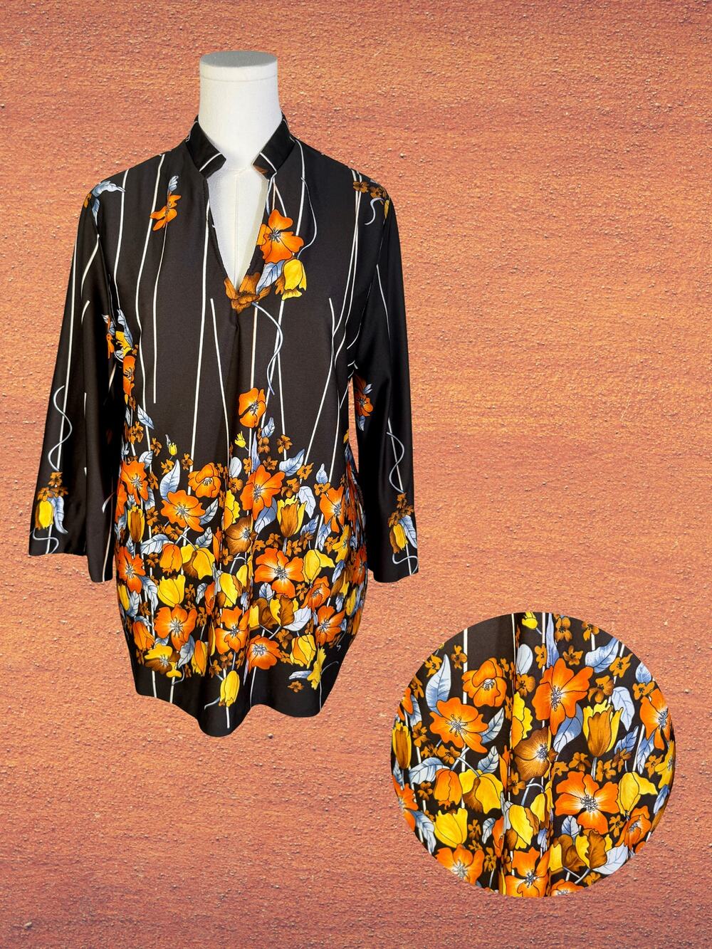 Volup Vintage 70s Lady Winn Calif Boho Orange Gold Poppy Print Brown Top XXL